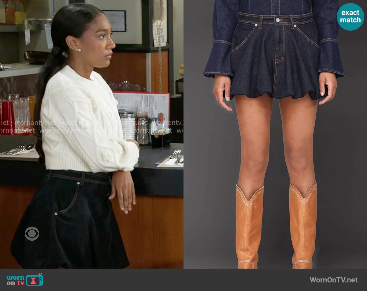 Avec Les Filles Denim Bubble Mini Skirt worn by Samantha Richardson (Najah Jackson) on Beyond the Gates