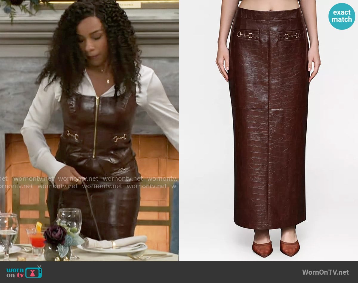 Avec Les Filles Faux Leather Buckle-Detail Maxi Skirt worn by Naomi Hamilton Hawthorne (Arielle Prepetit) on Beyond the Gates