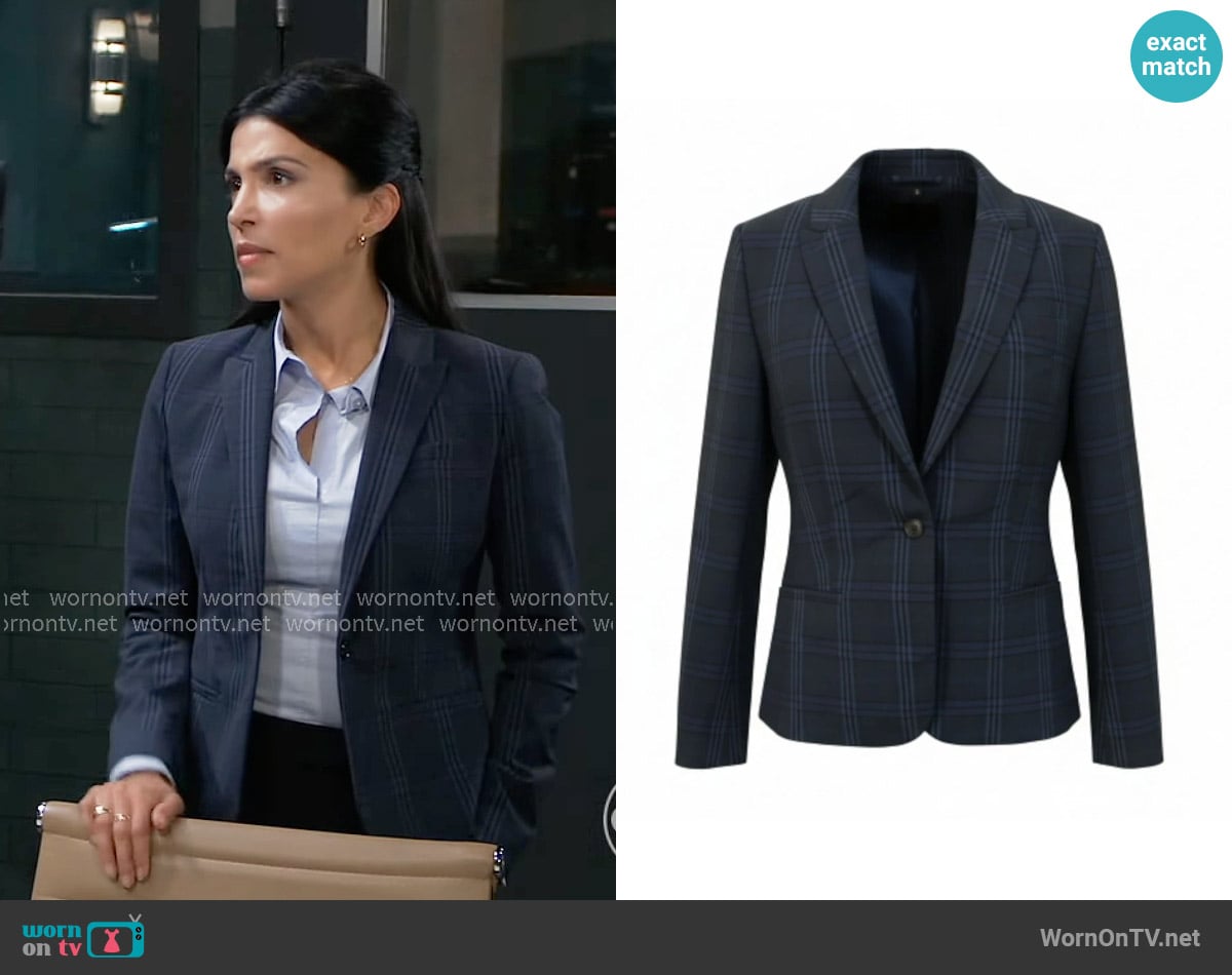 Banana Republic Marzotto Italian Wool Navy Check Plaid Blazer worn by Justine Turner (Nazneen Contractor) on General Hospital