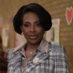 Barbara’s blue plaid tweed jacket on Abbott Elementary