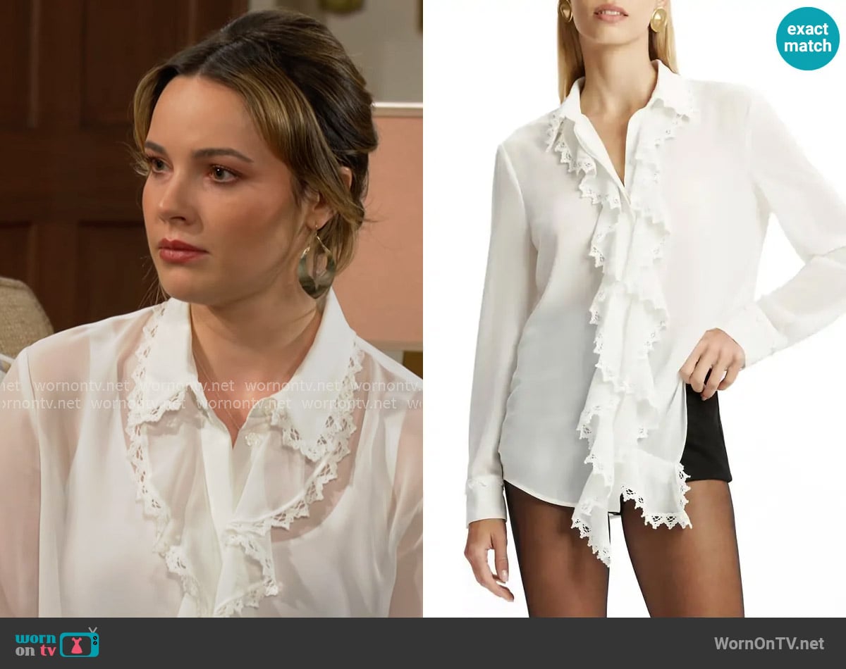 Tessa’s white ruffle blouse on The Young and the Restless