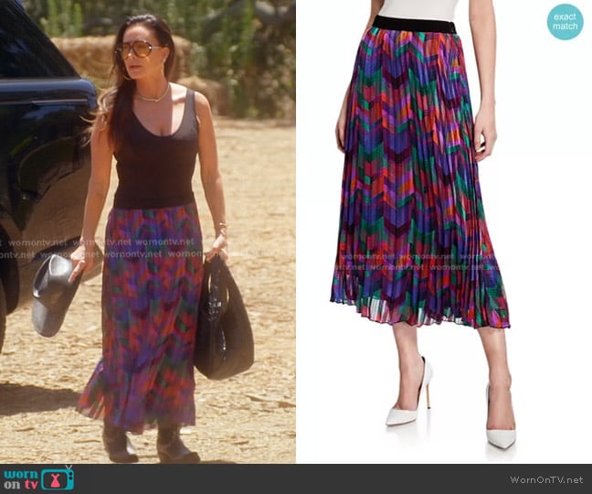 Ba&Sh Paolo Pleated Chevron Midi Skirt worn by Kyle Richards on The Real Housewives of Beverly Hills