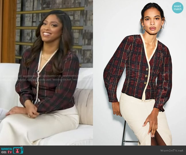 Baum und Pferdgarten Millea Plaid Crossover Blouse worn by Morgan Norwood on Good Morning America