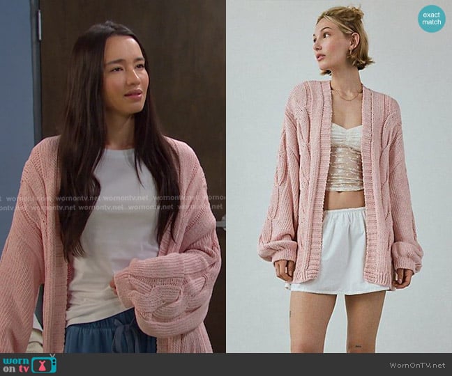 BDG Skylar Oversized Cable Knit Cardigan in Pink worn by Sophia Choi (Rachel Boyd) on Days of our Lives