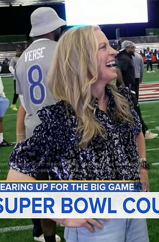 Becky Worley’s navy printed blouse on Good Morning America