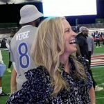 Becky Worley's navy printed blouse on Good Morning America