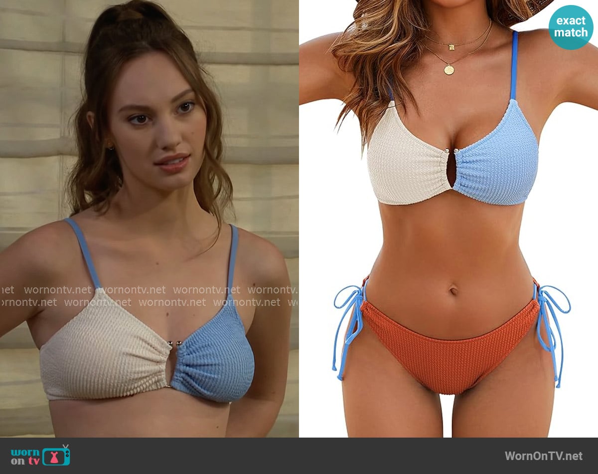 Miss Dylan’s blue two-tone bikini top on The Bold and the Beautiful