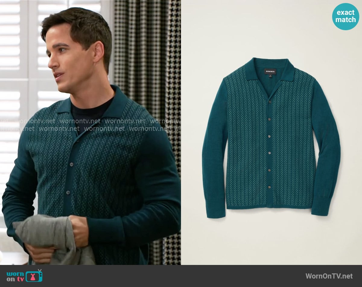 Bonobos Hudson Long Sleeve Sweater Polo in Teal Cotton Cashmere worn by Bradley 'Smitty' Smith (Mike Manning) on Beyond the Gates
