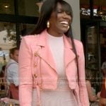 Bozoma's pink cropped moto jacket on The Real Housewives of Beverly Hills