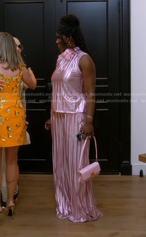 Bozoma's pink metallic top and wide-leg pants on The Real Housewives of Beverly Hills