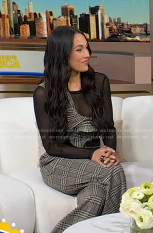 Brie Bella's grey plaid asymmetric top and pants on Good Morning America