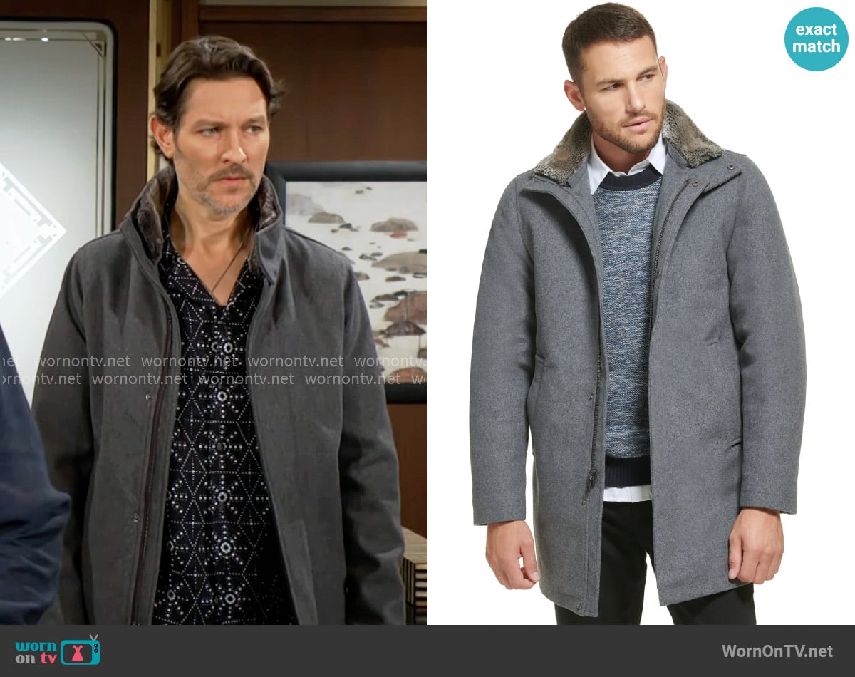 Calvin Klein Walker Coat Jacket Detachable Faux Fur Collar worn by Daniel Romalotti (Michael Graziadei) on The Young and the Restless