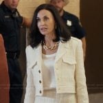 Cami’s white tweed blazer and skirt on Landman