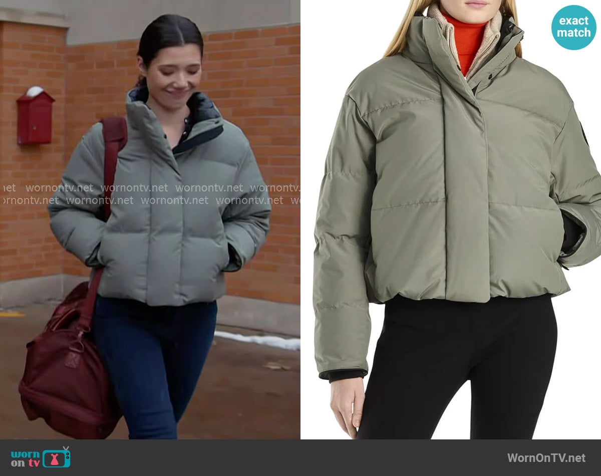 Canada Goose Grandview Cropped Jacket in Sagebrush worn by Violet Mikami (Hanako Greensmith) on Chicago Fire