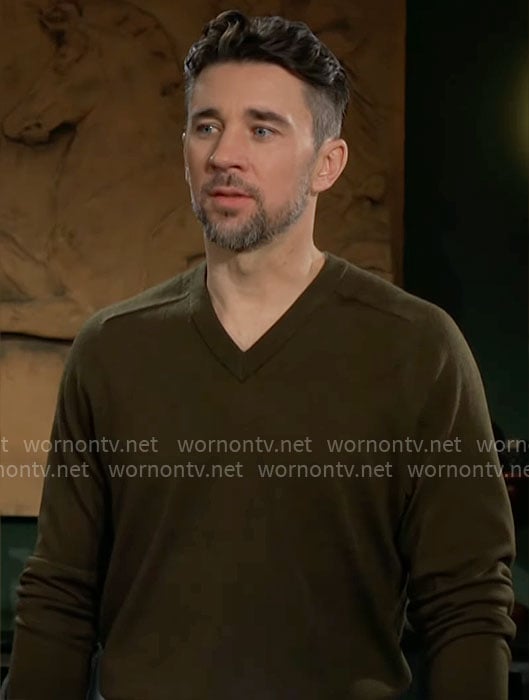 Cane’s olive green v-neck sweater on The Young and the Restless
