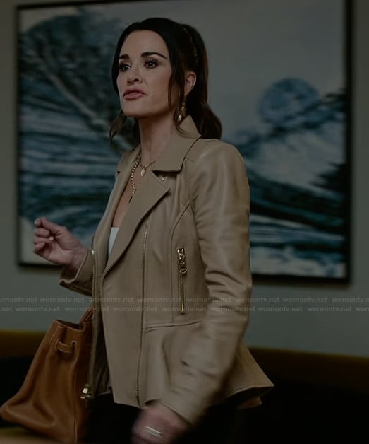 Celeste Baker’s beige leather moto jacket on The Lincoln Lawyer