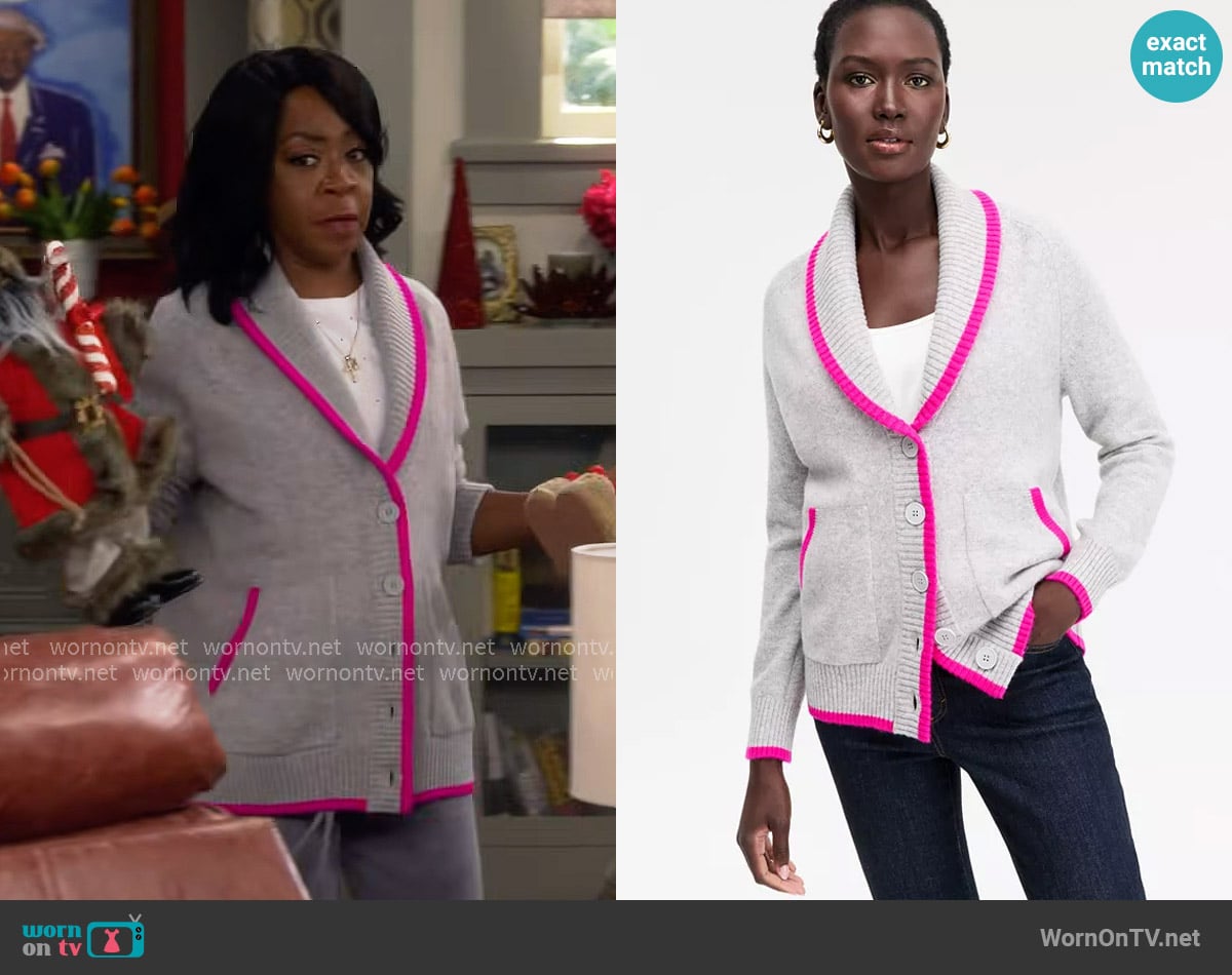 Charter Club Tipped Shawl-Collar Boyfriend Cardigan worn by Tina Butler (Tichina Arnold) on The Neighborhood