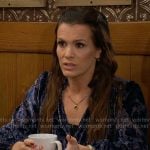 Chelsea’s blue floral velvet top on The Young and the Restless