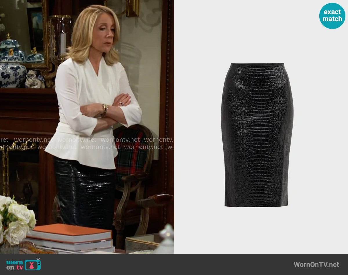 Chiara Boni La Petite Robe Crocodile-Embossed Faux Leather Midi Skirt worn by Nikki Reed Newman (Melody Thomas-Scott) on The Young and the Restless