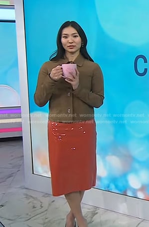 Chloe Kim’s suede jacket and orange skirt on Today