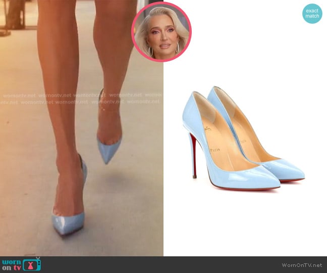 Christian Louboutin Blue Pigalle Follies Patent Leather Pumps worn by Erika Jayne on The Real Housewives of Beverly Hills