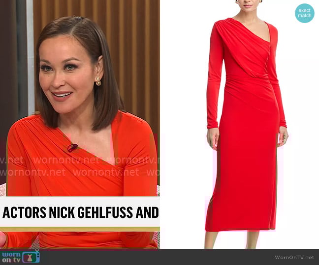 Eva Pilgrim’s red asymmetric neckline dress on CBS Mornings