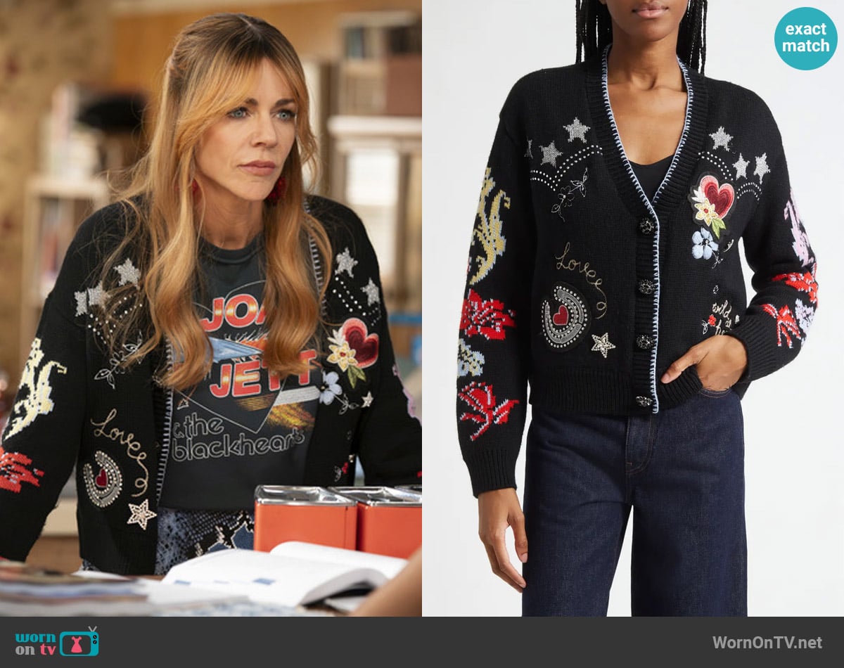 Cinq a Sept Western Collage Wool Blend Cardigan worn by Morgan Gillory (Kaitlin Olson) on High Potential