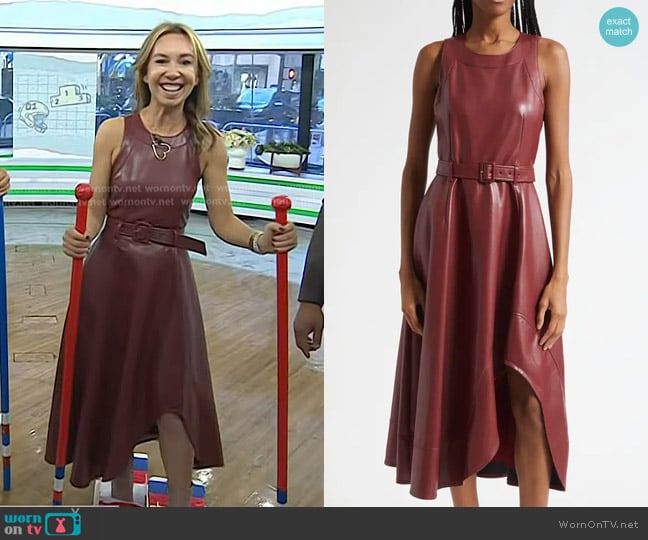 Cinq à Sept Zelda Faux Leather High Low Hem Dress in Wineberry worn by Shannon Doherty on Today
