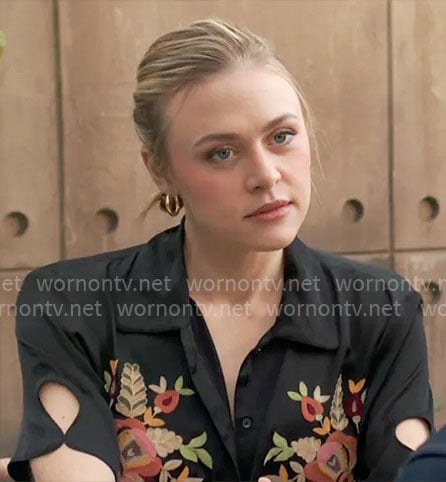 Claire’s black floral embroidered shirt on The Young and the Restless