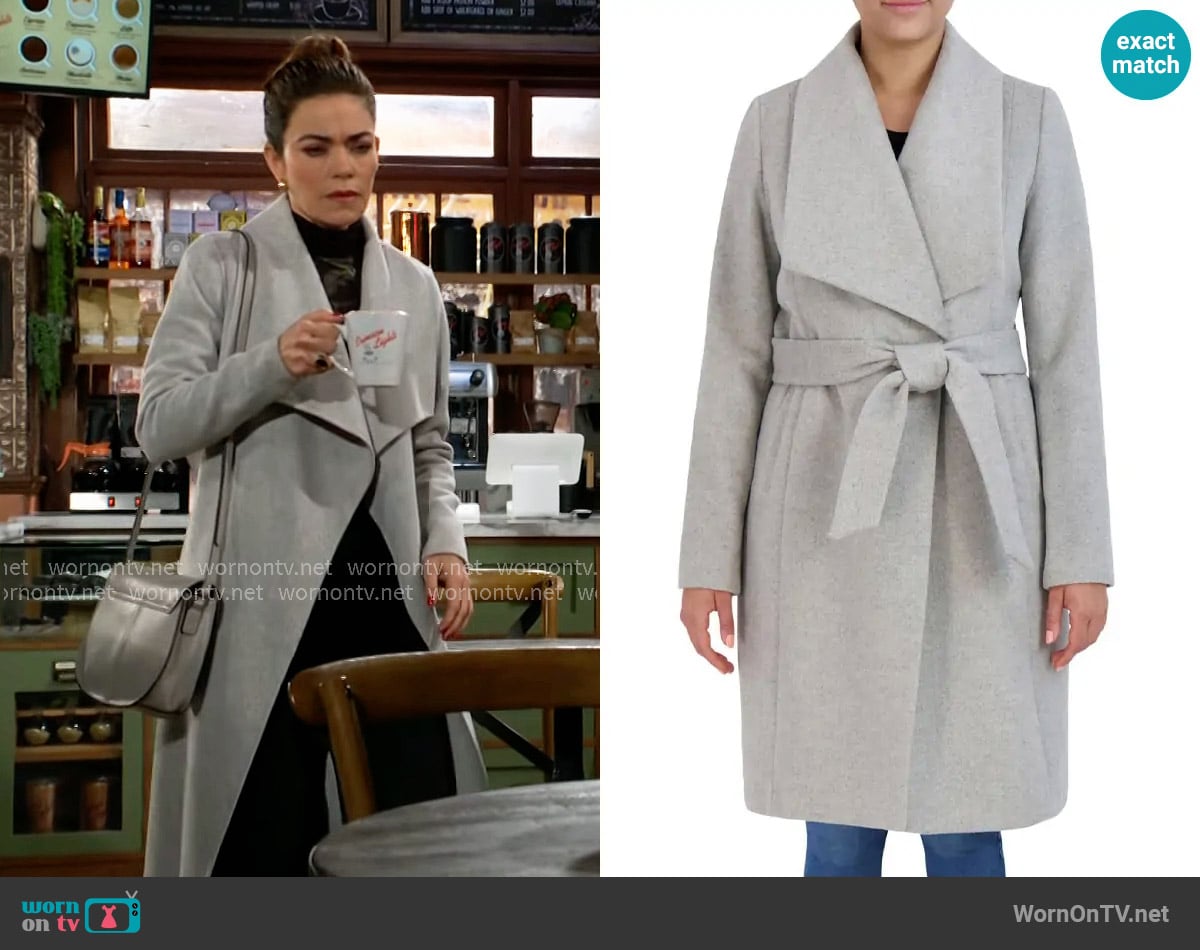 Cole Haan Slick Wool Blend Wrap Coat worn by Victoria Newman (Amelia Heinle) on The Young and the Restless