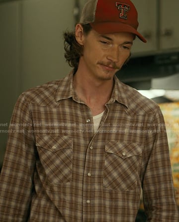 Cooper's brown plaid western shirt on Landman