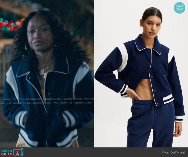 Cotton On On Field Panelled Bomber Jacket in heritage blue worn by Samira Fisher (Keke Palmer) on The Burbs