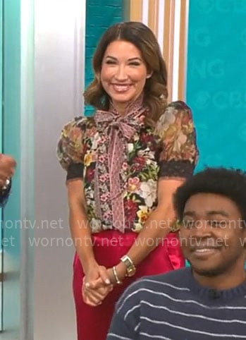Courtney Cason’s floral tie-neck blouse on CBS Mornings