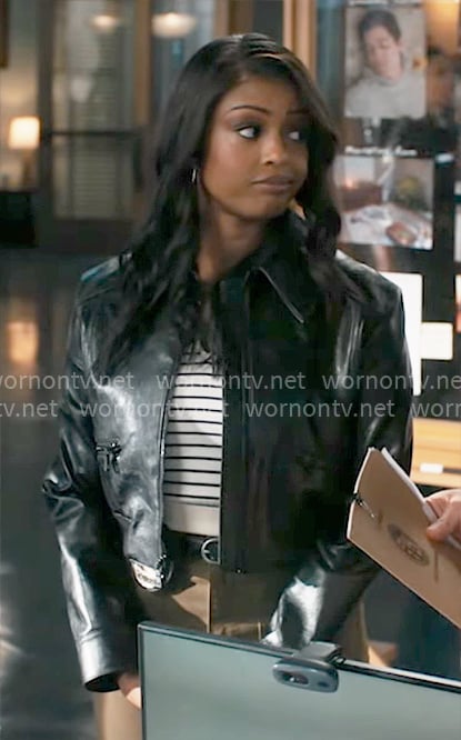 Daphne's striped polo top and leather jacket on High Potential
