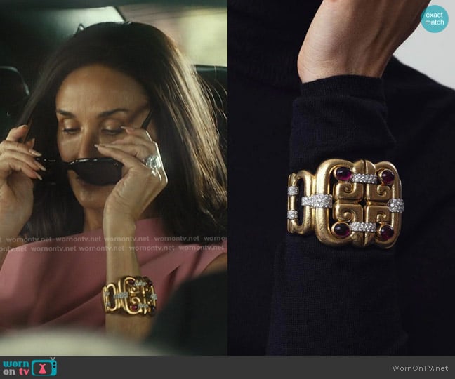 David Webb Open Scroll Rubellite Diamond Cuff Bracelet worn by Cami Miller (Demi Moore) on Landman