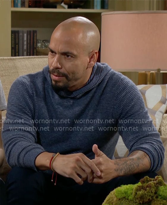 Devon’s blue striped hoodie on The Young and the Restless