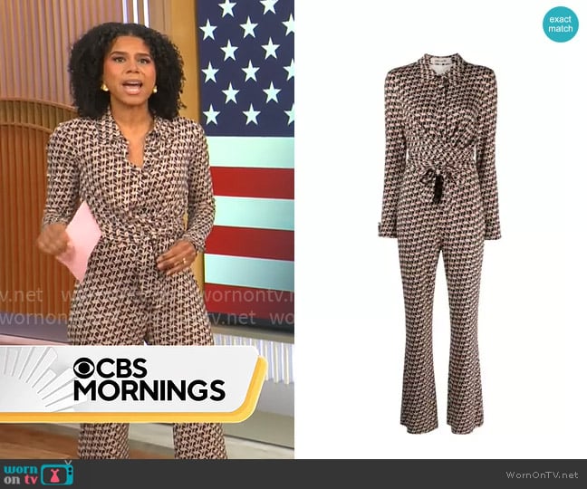 Diane von Furstenberg Michelle Jumpsuit in Wave Geo Camel worn by Adriana Diaz on CBS Mornings