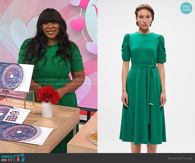 DKNY Ruched-Sleeve Belted Fit and Flare Midi Dress in meadow green worn by Charli Penn on Today
