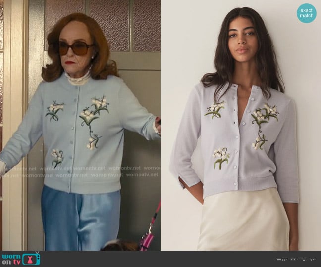 Doen Teresa Cardigan in Cloud Blue worn by Agnes Festersen (Danielle Kennedy) on The Burbs