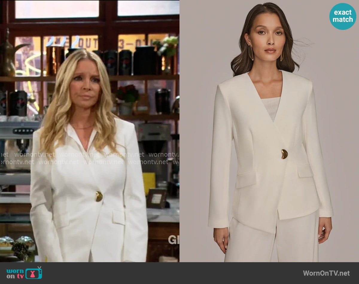 Donna Karan Asymmetric One Button Blazer in Cream worn by Christine Blair Williams (Lauralee Bell) on The Young and the Restless