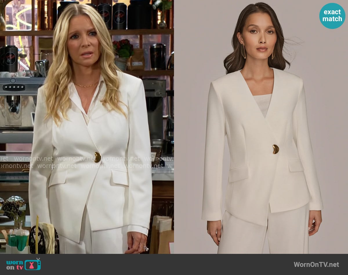Donna Karan Asymmetric One Button Blazer in Cream worn by Christine Blair Williams (Lauralee Bell) on The Young and the Restless