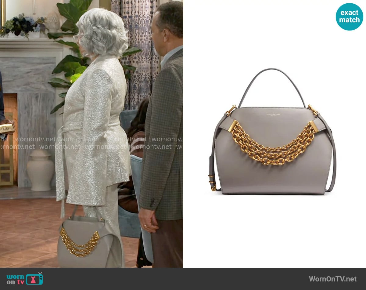 Donna Karan Plandome Chain Top Handle Leather Satchel in Cloud worn by Anita Dupree (Tamara Tunie) on Beyond the Gates