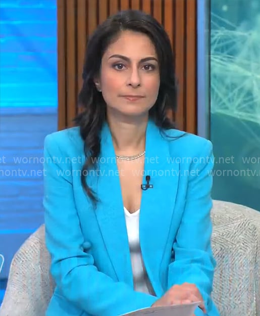 Dr Celine Gounder's turquoise blue blazer on CBS Mornings
