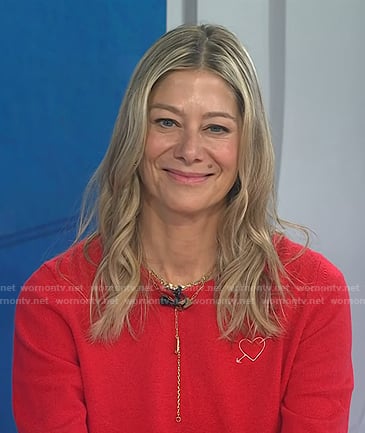 Dr. Jennifer Haythe’s red heart sweater and studded flat shoes on Today