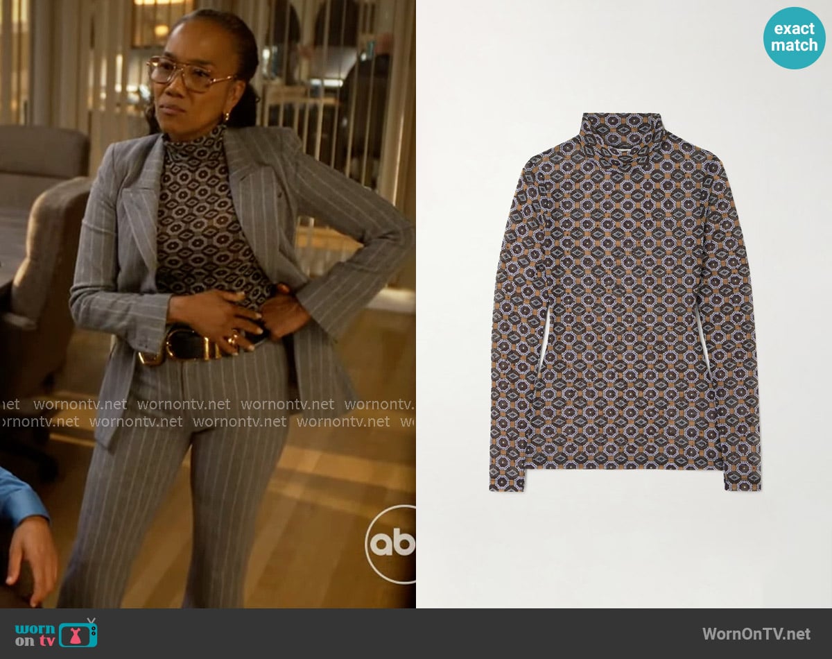Dries van Noten Crystal-embellished printed stretch-mesh turtleneck top worn by Amanda Wagner (Sonja Sohn) on Will Trent