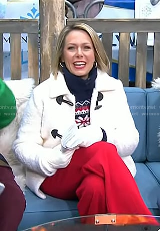 Dylan’s navy print turtleneck sweater and white toggle jacket coat on Today