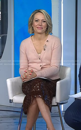Dylan’s pink cardigan and brown sequin skirt on Today