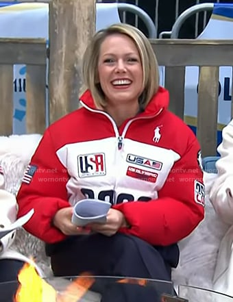 Dylan’s red, white and navy puffer jacket on Today