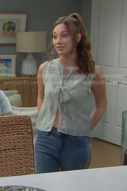 Dylan’s sage green tie front top on The Bold and the Beautiful