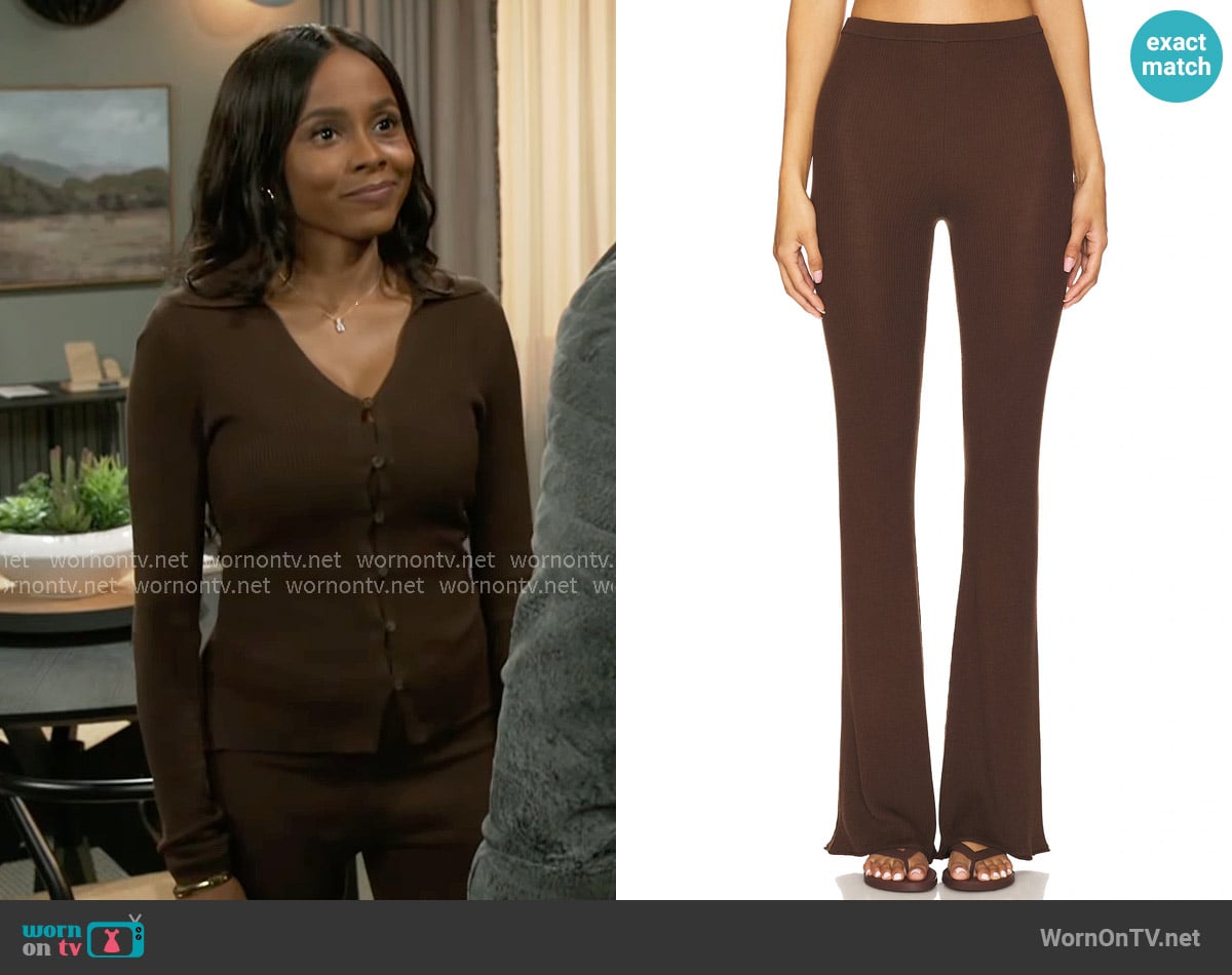 Eaves Bailee Rib Pant in Chocolate Brown worn by Hayley Lawson (Marquita Goings) on Beyond the Gates
